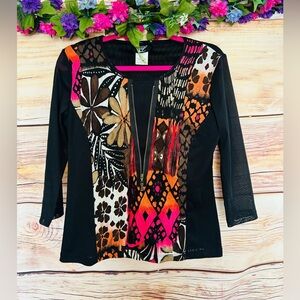 Libra Vintage Women’s Colorful Abstract Floral Print 3/4 Sleeve Zipper Mesh Top